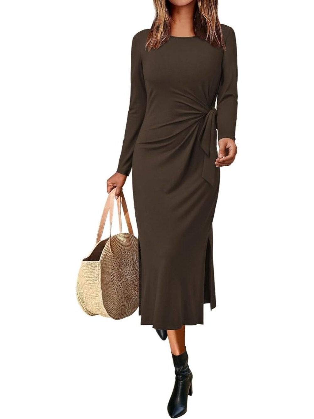 Women's Coffee Casual Short/Long Sleeve Crewneck T Shirt Maxi Dress Tie Waist